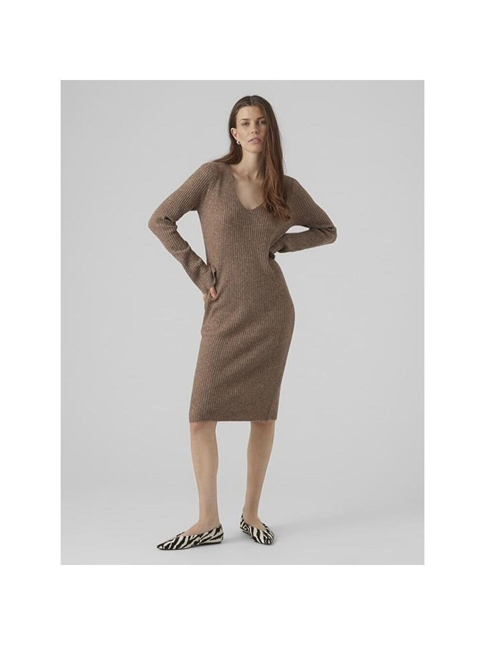 Vero Moda NWT Women's Vmbritany Split Dress V-Neck Sweater Dress Brown Size M